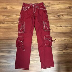 True Religion Ricki Relaxed Straight Cargo Pants W24 Red Y2K Contrast Stitch NWT